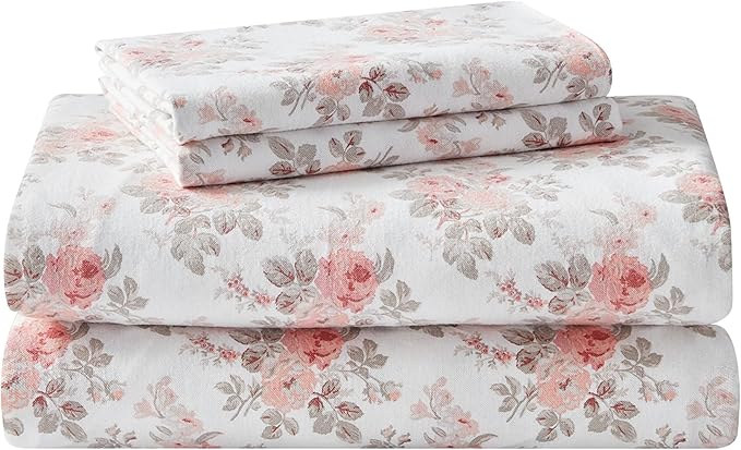 Laura Ashley - Flannel Sheets Full Size, Anti-Pilling & Wrinkle Resistant Cotton, Touchably Soft for All-Season Comfort - Bed Sheets with Matching Pillowcases & Fitted Sheet (Lisalee Pink)