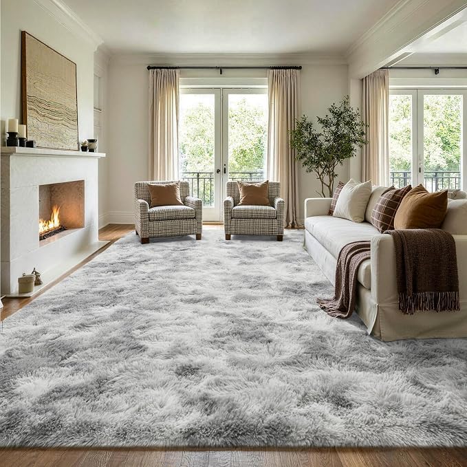 8x10 Extra Large Tie-Dyed Grey Fluffy Area Rug Non-Slip - Image 3