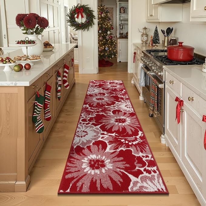 Findosom Christmas Runner Rug 2x8, Non Slip High-Low Textured Floral Washable - Image 8