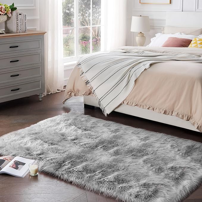 SERISSA 4x6 Fluffy Grey Faux Fur Area Rug - Image 2