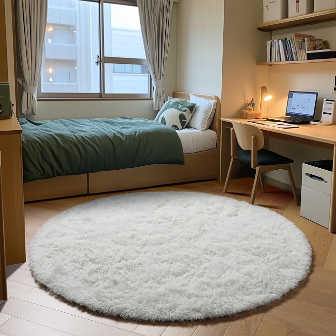 Cream White Round Rugs 5ft for Bedroom Living Room, Ivory Fluffy Circle Area - Image 4