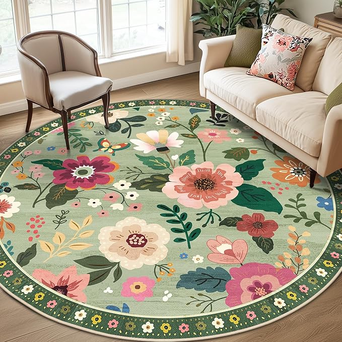RELEANY Floral Washable Round 8ft Area Rug LightGreen | Flower Carpet Print by RELEANY
