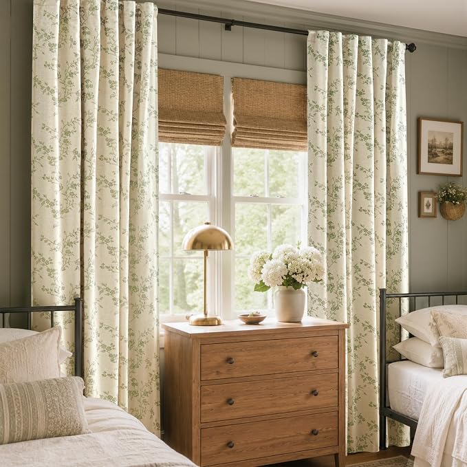 Blackout Vintage Floral Linen Curtains Green on Beige 50×90 2 Panels | Elisa - Image 6