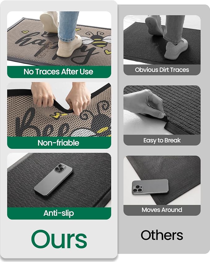 LUMI Outside Welcome Door Mat 17x30, Non-Slip Durable Rubber Easy Clean | Bee - Image 7