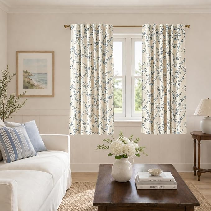 Blackout Vintage Floral Linen Curtains Blue on Beige 50×63 2 Panels | Elisa - Image 6