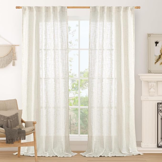 Cream Sheer Linen Curtains for Living Room 84 inch Length 2 Panels | Light by LAMIT