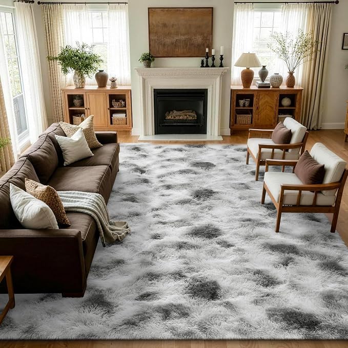 8x10 Extra Large Tie-Dyed Grey and White Fluffy Area Rug Non-Slip by ModernHomeDecor
