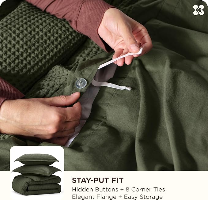 Bedsure Cotton Duvet Cover Set - 100% Cotton Waffle Weave Olive Green Duvet Cover Oversized Queen Size, GentleSoft™ and Breathable Bedding Set for All Season, 3 Pieces, 98"x98"