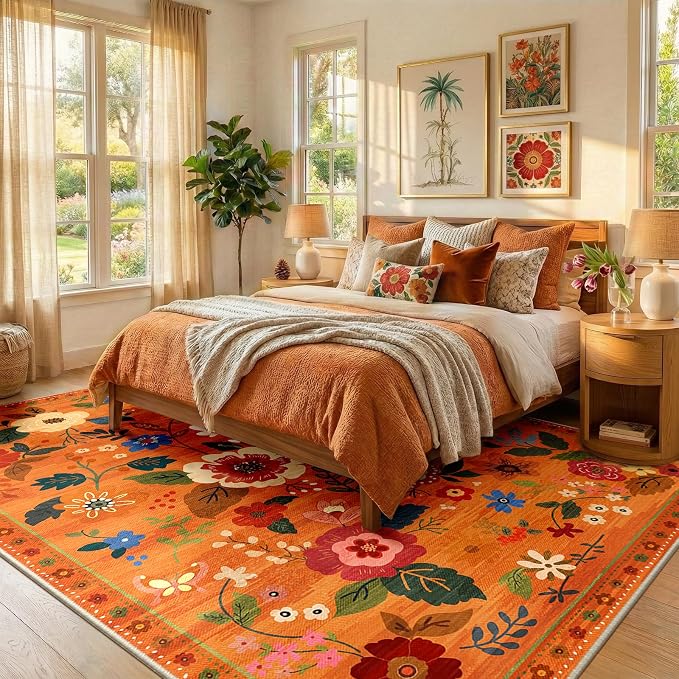 RELEANY Floral Washable 8x10 Area Rugs BurntOrange | Flower Carpet Print Boho - Image 2