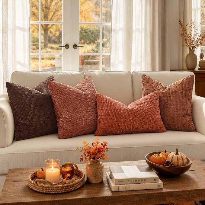 MIULEE Chenille Textured Fall Euro Throw Pillow Covers Burnt Orange 24x24 | Set - Image 3