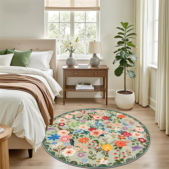PLHXFR Round Area Rug Living Room: 4 ft Floral Washable Soft Carpet Green | - Image 3