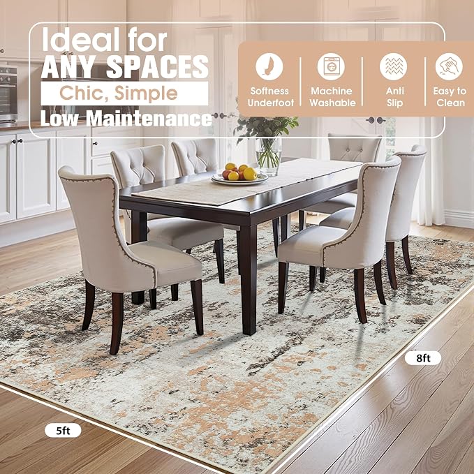5x8 Area Rugs for Living Room Washable Bedroom Dining Room Brown Beige | Modern - Image 2