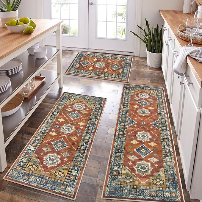 HEBE Boho Kitchen Rugs Set of 3, Non Slip Washable Kitchen Mats by HEBE