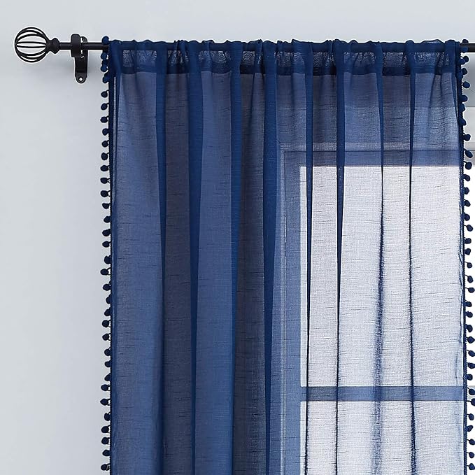 Treatmentex Sheer Blue Curtains for Bedroom Window 95 inches Long Linen Textured Pom-Pom Voile Drapers for Kids Bed Canopy Navy Rod Pocket 2Pack