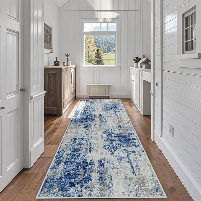 Runner Rugs for Hallways Kitchen 2.6x8 Non Slip Washable Blue Grey White | by Aelenmu