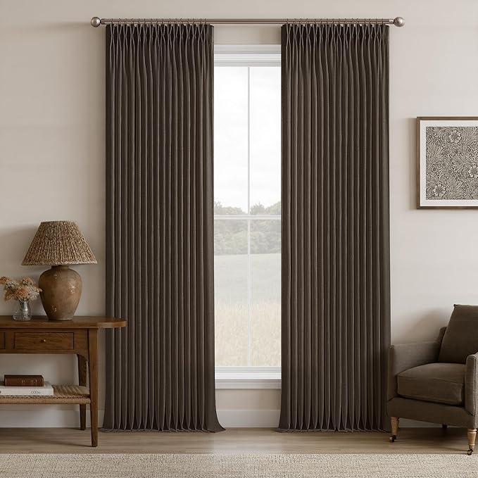 Dark Brown Linen Pleated Memory Shape Light Filtering Curtains 86 Inch Long | by Twodrapes