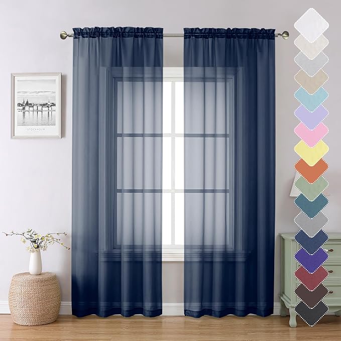 Navy Blue Sheer Curtains 84 Inches Long 2 Panels Set, Solid Voile Light by Lecloud