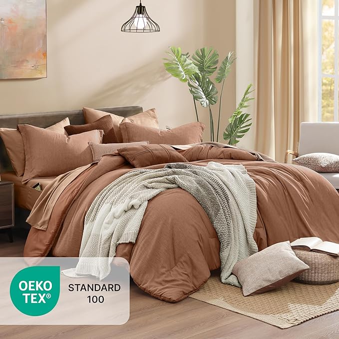 Monbix California King Comforter Set - 7 Pieces Cationic Dyeing Autumn Leaf Bed in a Bag Cal King Bed Sets with Comforter, Sheets, Pillowcases & Shams, Reversible Bedding Comforters Sets (108 * 92)