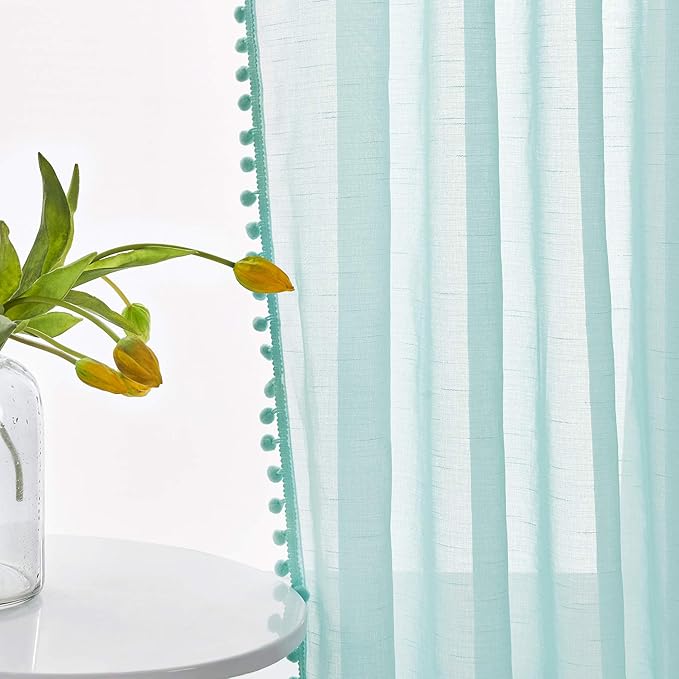 Treatmentex Pompom Sheer Curtains for Kids-Room 72" Aqua-Blue Slub Textured Window Sheer Panels for Bedroom Living Room 52" Wide, 2 Panels Rod Pocket
