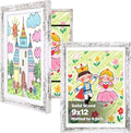 KINLINK 9x12 Kids Art Frames Set of 2, Solid Wood Kids Artwork Frames Changeable with Acrylic Front Opening Holds 150 Pictures, Art Frame for Kids Artwork with Mat or without Mat, Rustic White