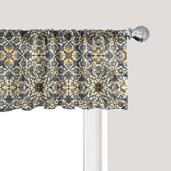 Ambesonne Turkish Pattern Window Valance, Flowers in and Traditional Style, Curtain Valance for Kitchen Bedroom Decor with Rod Pocket, 42" x 18", Earth Yellow Slate Blue