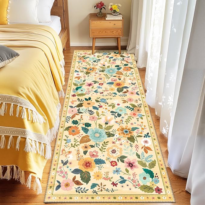 Floral Washable 2x10 Area Rugs Runner Entryway Hallway Ivory/Yellow | Flower - Image 6