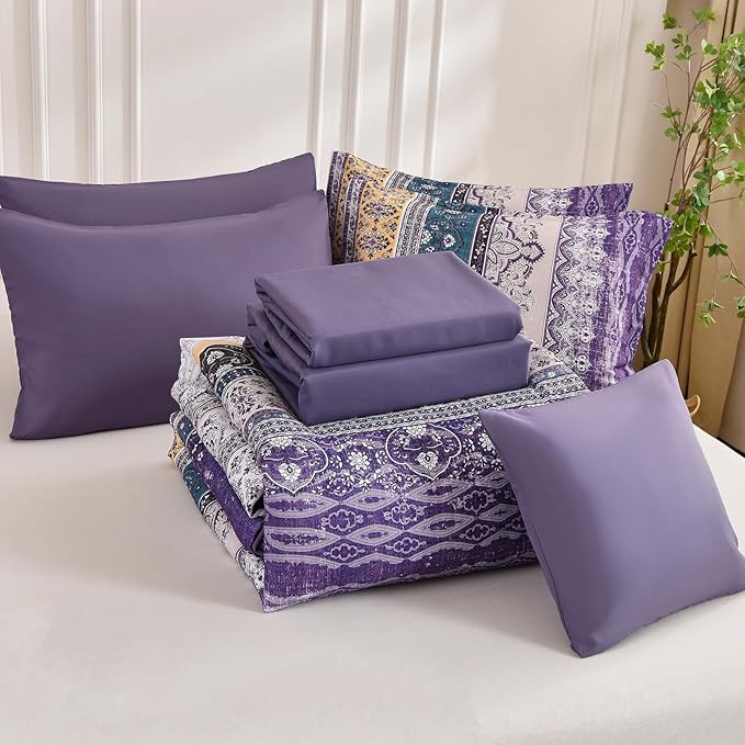 Boho King Size Comforter Set 8 Pieces, Violet Bohemian Striped Bed in a Bag, Paisley Soft Microfiber Bedding Comforter Set