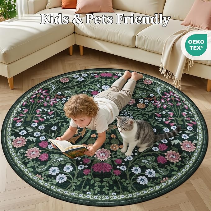 PLHXFR Round Area Rug Living Room: 4 ft Floral Washable Carpet Dark Green | - Image 8