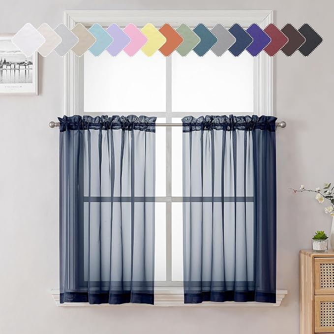 Volie Sheer Curtains Blue Tiers 36 Inches Long 2 Pieces Set, Gauzy Solid Window by Lecloud