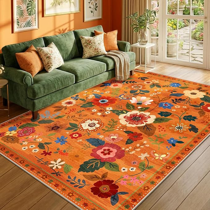 RELEANY Floral Washable 5x7 Area Rugs BurntOrange | Flower Carpet Print Boho - Image 6