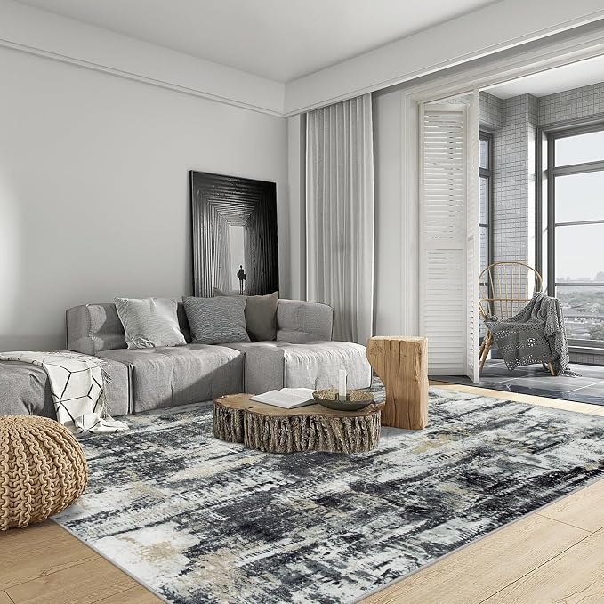 4x6 Area Rugs for Living Room: Washable Abstract Black Grey Gold Carpet | - Image 3