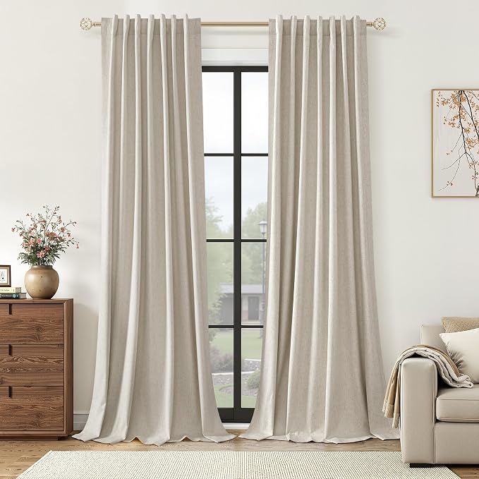 100% Blackout Linen Curtains for Bedroom 96 inches Long, Thermal Insulated Room by Guken