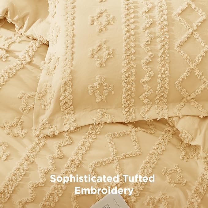 Bedsure Tufted Boho Comforter Set California King - Yellow Boho Bed Set, GentleSoft™ 3 Pieces Farmhouse Shabby Chic Embroidery Bedding, Gifts for Woman, Soft Jacquard Comforter for All Seasons