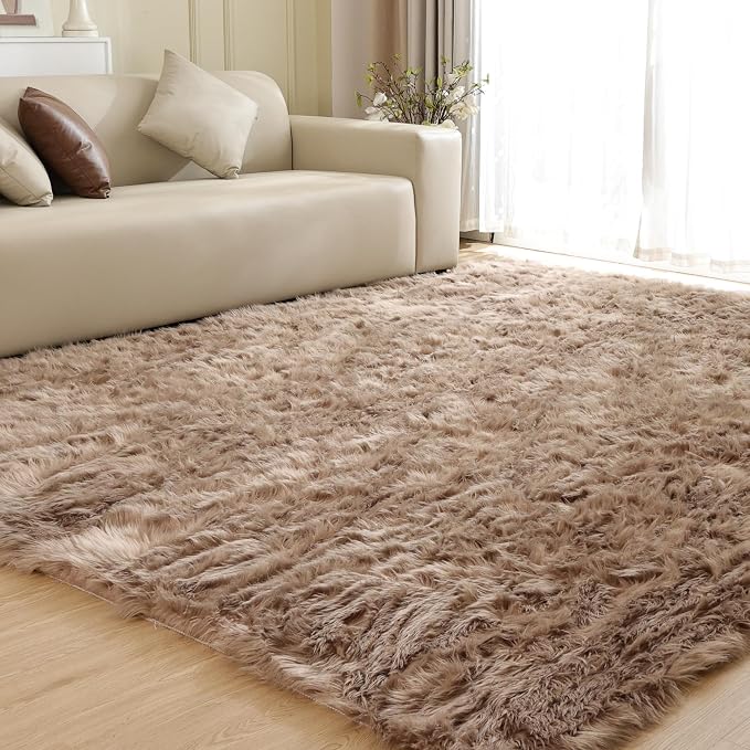 ORINOVA Fluffy Beige 8X10 Area Rug Faux Sheepskin Shaggy Fur Rug Washable - Image 3