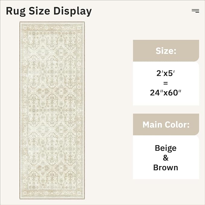 Soalmost Runner Rug 2x5 Washable Non-Slip Kitchen Entry Runners Beige/Brown | - Image 5