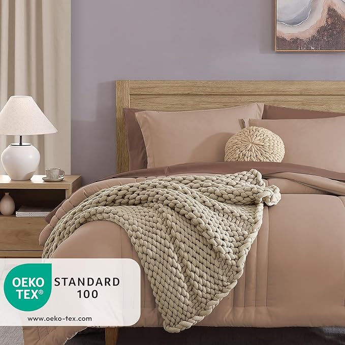 Monbix King Size Comforter Set - 7 Pieces Bed in a Bag King, Rust Pink Bedding Sets with Comforter, All Seasons Down Alternative Comforter Bed Set with Sheets, Pillowcases & Shams