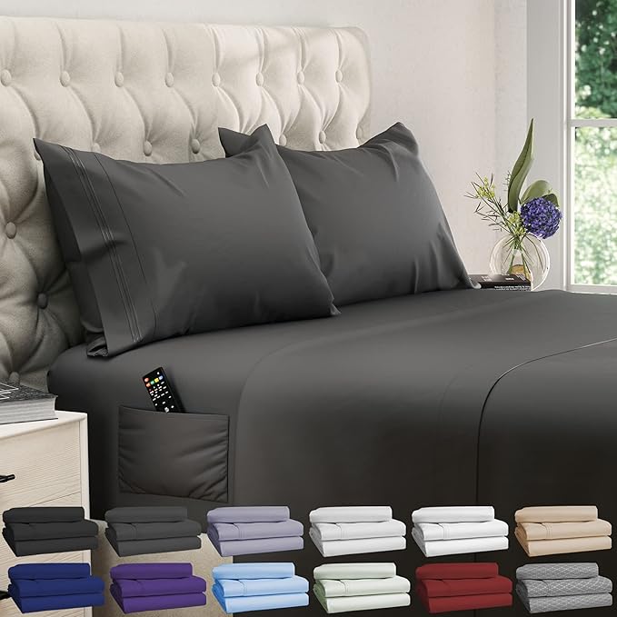 DREAMCARE California King Sheet Sets - Cooling Bed Sheets - 4pcs Set - up to 15" Deep Pocket Cal King Sheets - California King Sheets - Soft & Lasting 100% Brushed Polyester with Side Pocket - Gray