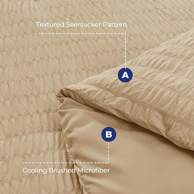 HYMOKEGE Khaki Full Size Comforter Sets Seersucker 7 Pieces, All Season Luxury Bed in a Bag for Bedroom, Bedding Set with Comforter, Sheets, Pillowcases & Shams