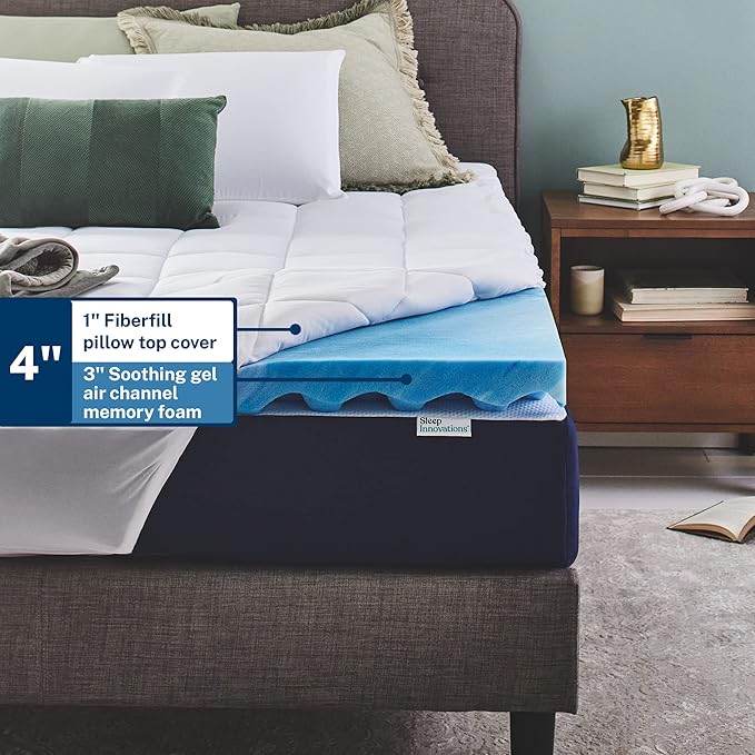 Sleep Innovations Dual Layer 4 Inch Memory Foam Mattress Topper, Twin Size, Ultra Soft Support, 3 Inch Cooling Gel Memory Foam Plus 1 Inch Fluffy Pillow Top Cover