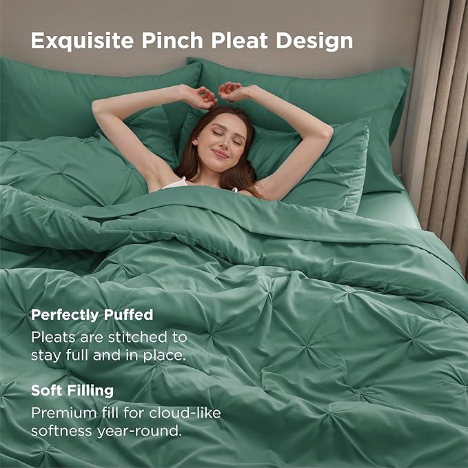 Bedsure California King Comforter Set Graysih Green - Bed in a Bag Cal King Bedding Set 7 Pieces, GentleSoft™ Pintuck Bed Set Gift for Family, Pinch Pleat Comforter with Sheets, Pillowcases & Shams