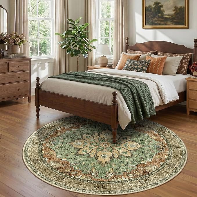 RELEANY Washable Area Rug, Round 7ft, Brick/Brown/Green | Non-Slip, Water - Image 2