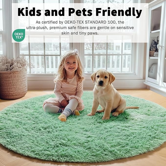 Sage Green Round Rug 4ft, Fluffy Circle Area Rugs - Image 3