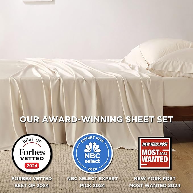 Bedsure King Size Sheets Set, Cooling Sheets for Hot Sleepers, Rayon Derived from Bamboo, Breathable & Soft, Deep Pocket Up to 16 Inches, Hotel Luxury Silky Bedding, Light Beige
