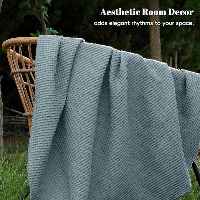 PHF 100% Cotton Waffle Weave Blanket Queen Size for Bed,Snag Proof Lightweight Breathable Moisture-Wicking Throw for Couch,Great for Layering in Cold Weather,Machine Washable, Home Decor Gift-Ocean