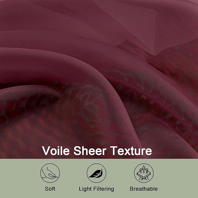 OWENIE Burgundy Sheer Curtains 108 Inches Long for Living Room Bedroom 2 Panels Set, Lightweight Airy Burgundy Sheer Curtain, Filmy Rod Pocket, 2 PCS, Each 59" W x 108" L
