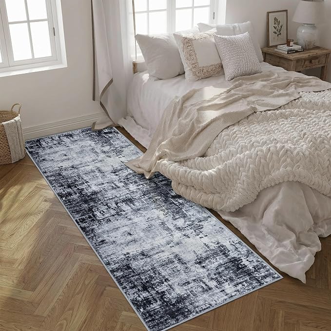 2.6x8 Washable Runner Rug：Modern Abstract Soft Carpet Dark Black | - Image 4