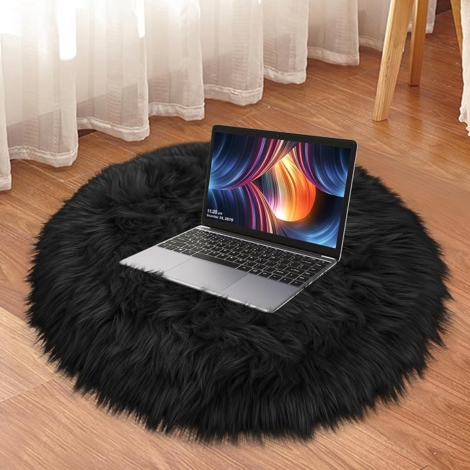 Small Black Round Rug 2ft for Bedroom, Faux Fur Fluffy Circle Rug Furry Carpet - Image 7
