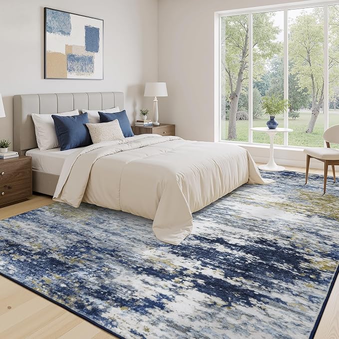 5x7 Area Rug for Living Room, Abstract Washable Non-Slip Rugs, Dark Blue | - Image 6