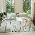 MooMee Bedding Duvet Cover Set 100% Washed Cotton Linen Like Textured Breathable Durable Soft Comfy (Heathered Sage Green, Alaska King 132"x120")