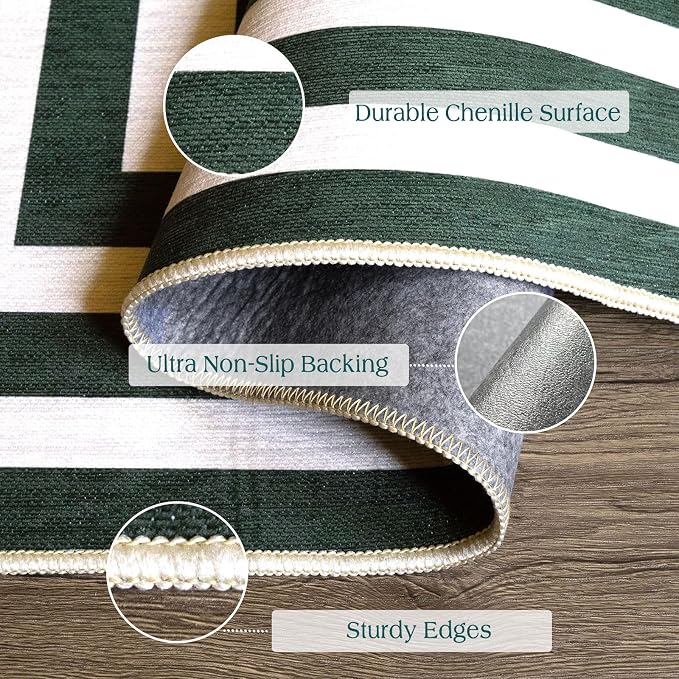 Front Door Mat Indoor Entrance 2x4.3 Modern Green White Striped Rug | Washable - Image 3
